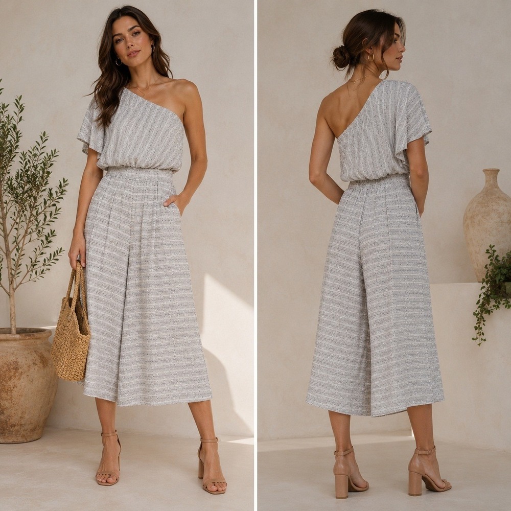 Maeve Jumpsuit Women Medium Gray Jamie Boho Geometric One Shoulder